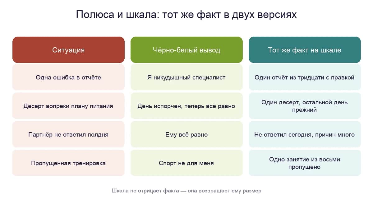 Один и тот же факт в двух версиях: чёрно-белый вывод и тот же факт на шкале