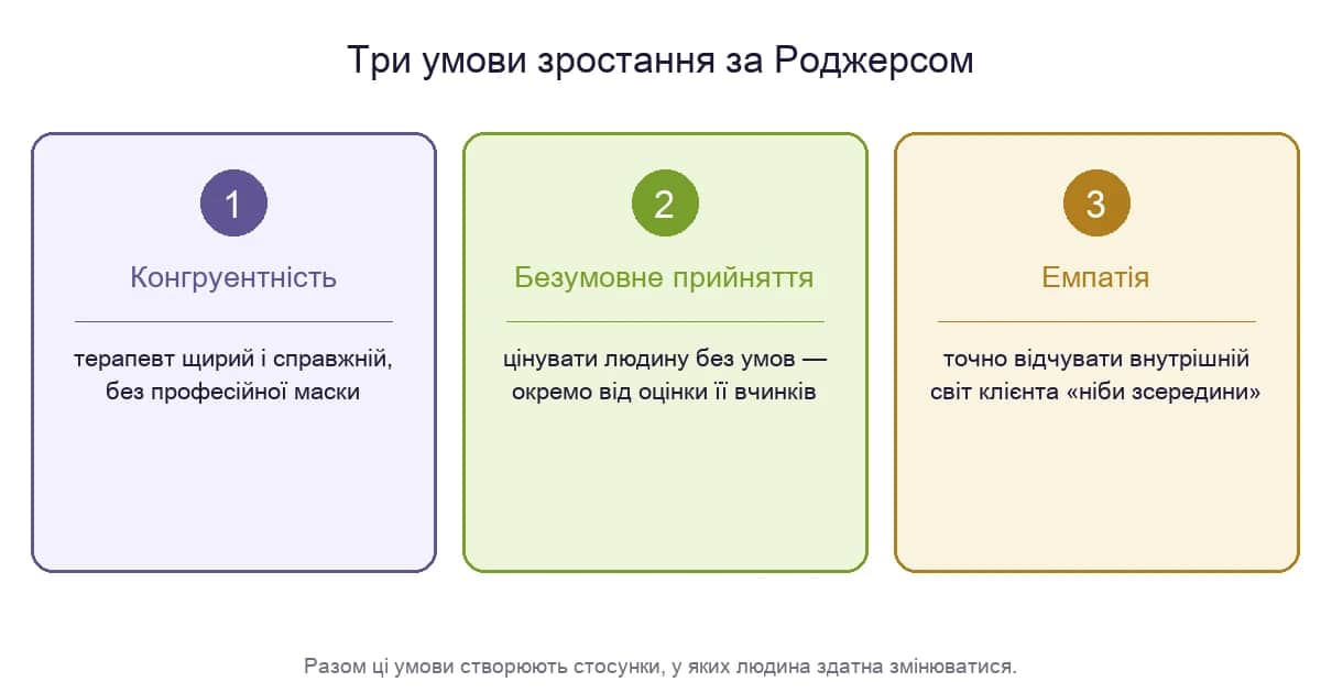 Три умови зростання за Роджерсом: конгруентність, безумовне прийняття, емпатія