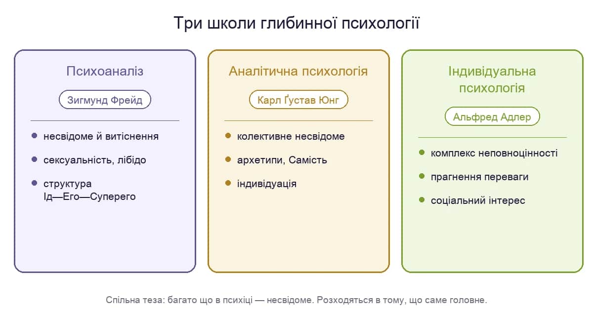 Три школи глибинної психології: психоаналіз (Фрейд), аналітична психологія (Юнг), індивідуальна психологія (Адлер)