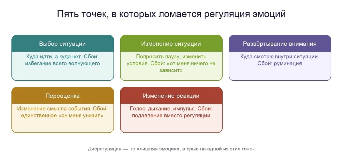 Пять точек регуляции эмоций в модели Гросса: выбор ситуации, изменение ситуации, развёртывание внимания, переоценка, изменение реакции