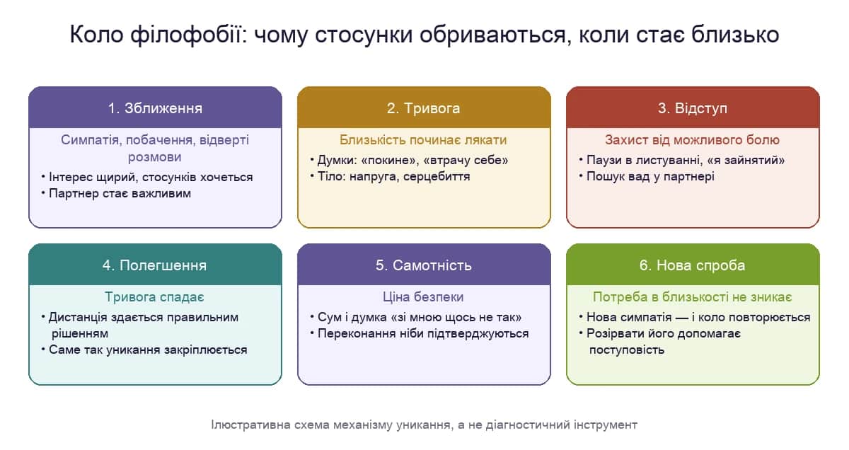 Коло філофобії: зближення, тривога, відступ, полегшення, самотність і нова спроба