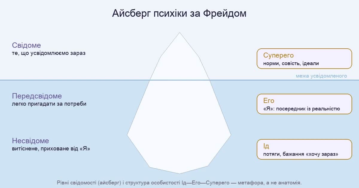 Айсберг психіки за Фрейдом: свідоме, передсвідоме, несвідоме та структура Ід—Его—Суперего