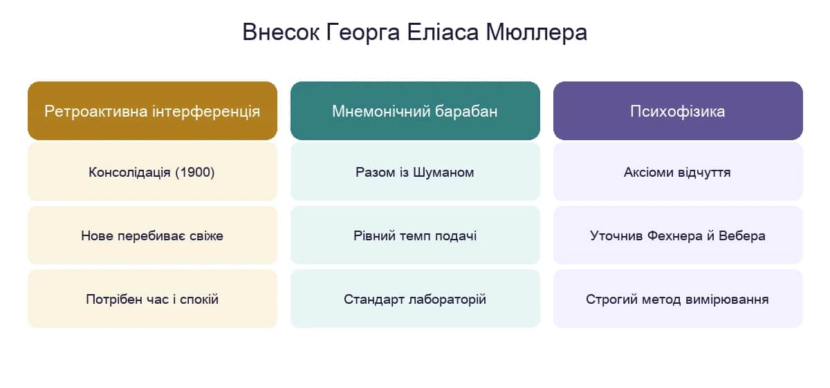 Внесок Георга Еліаса Мюллера: ретроактивна інтерференція і консолідація, мнемонічний барабан, психофізика
