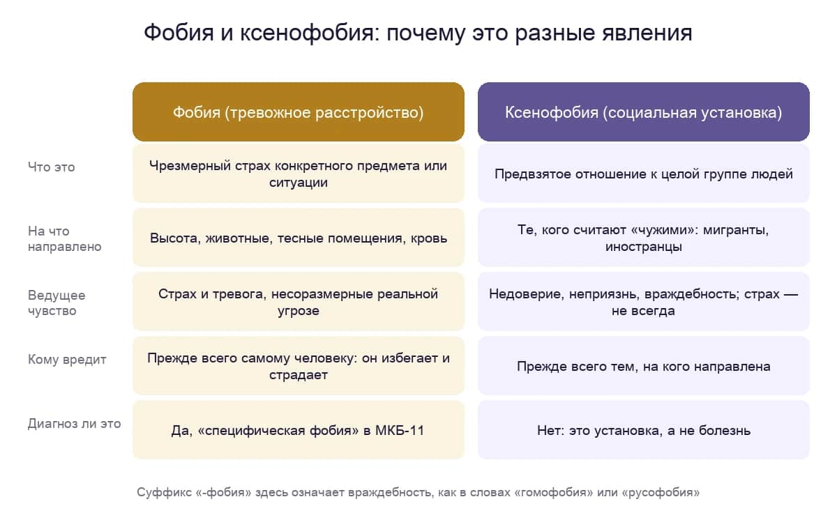Сравнение фобии как тревожного расстройства и ксенофобии как социальной установки
