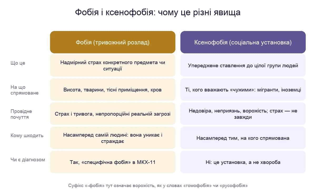 Порівняння фобії як тривожного розладу і ксенофобії як соціальної установки