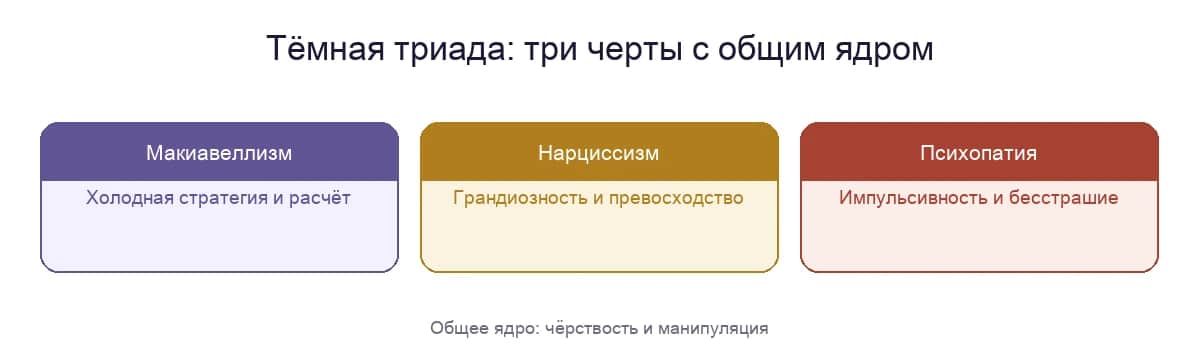 Тёмная триада: макиавеллизм (холодная стратегия), нарциссизм (грандиозность) и психопатия (импульсивность) с общим ядром чёрствости и манипуляции