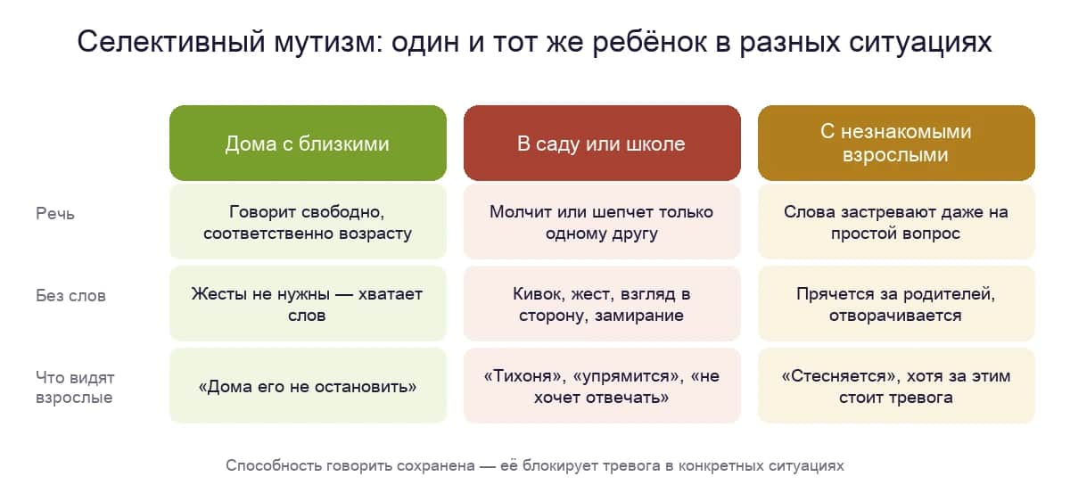 Один и тот же ребёнок с селективным мутизмом говорит по-разному дома, в школе и с незнакомыми людьми