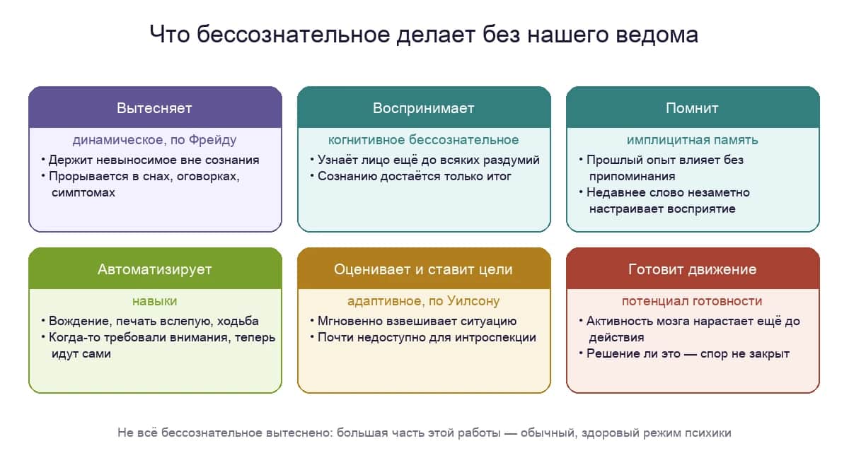Что бессознательное делает без нашего ведома: вытесняет, воспринимает, помнит, автоматизирует навыки, оценивает ситуацию и готовит движение
