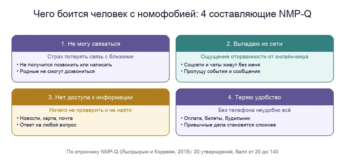 Четыре составляющие номофобии: страх потерять связь, сеть, информацию и удобство