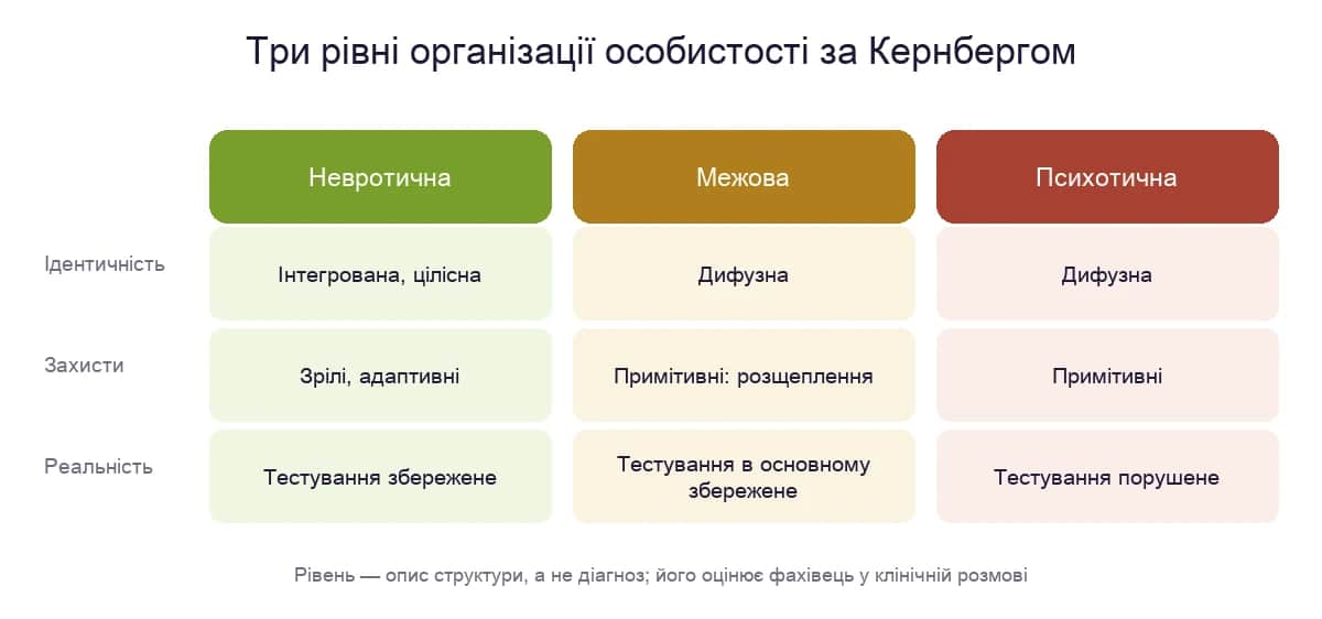 Три рівні організації особистості за Кернбергом: невротична, межова і психотична — за ідентичністю, захистами і зв'язком із реальністю