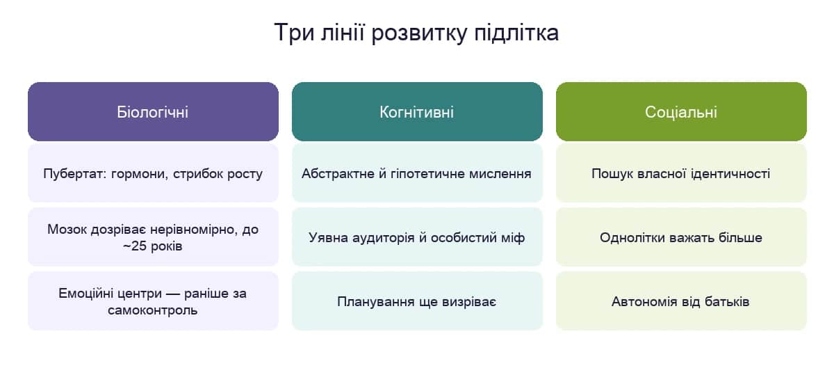 Три лінії розвитку підлітка: біологічна, когнітивна й соціальна