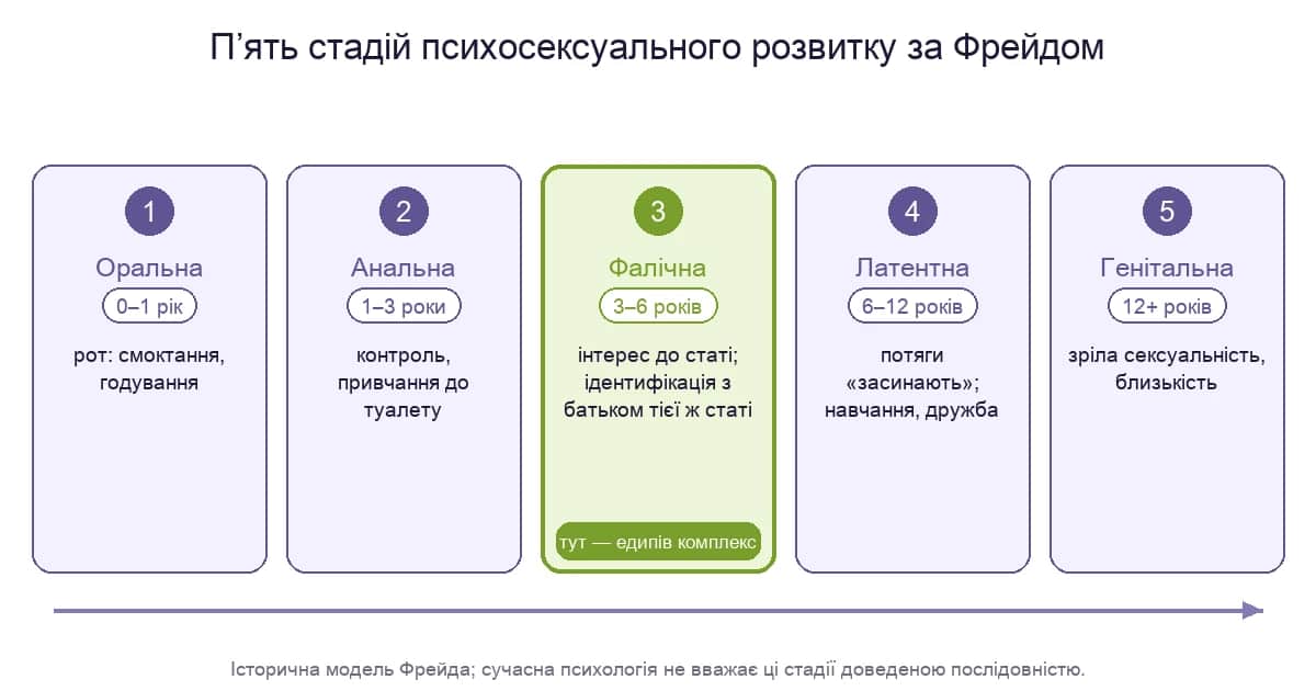 П'ять стадій психосексуального розвитку за Фрейдом; едипів комплекс припадає на фалічну стадію