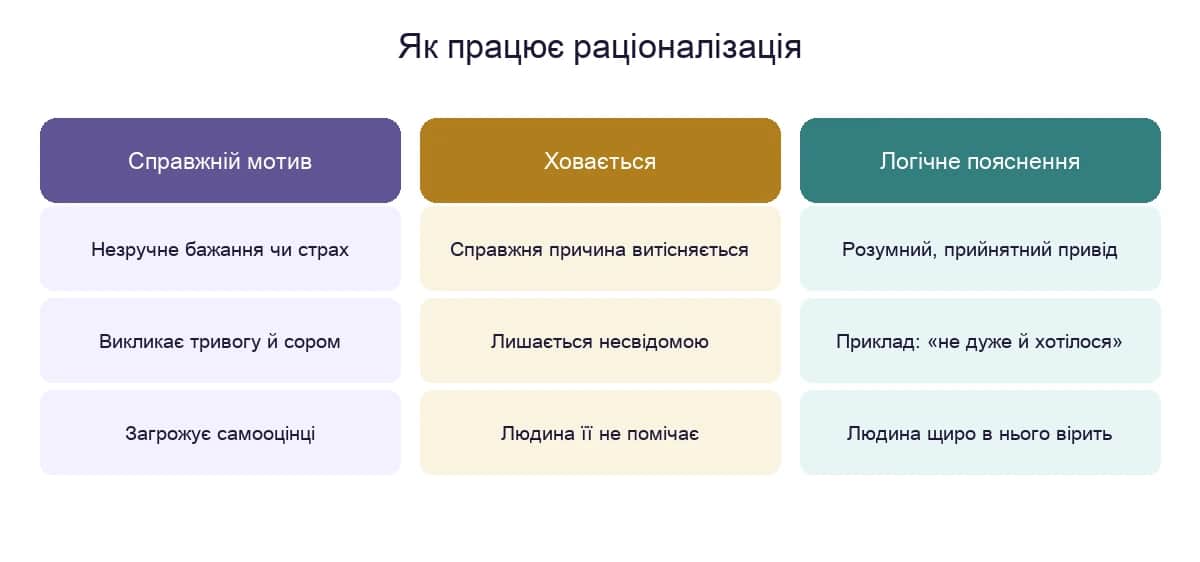 Як працює раціоналізація: справжній незручний мотив ховається, натомість пропонується логічне пояснення