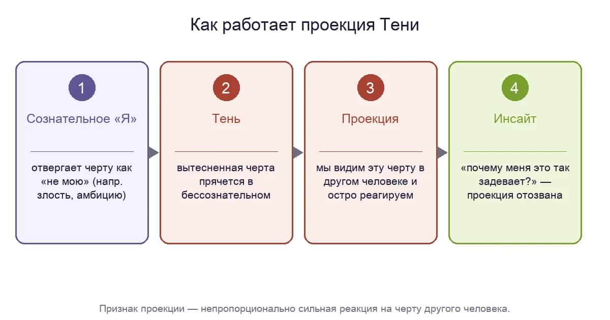 Как работает проекция Тени: сознательное «Я» отвергает черту, она прячется в Тень, и мы проецируем её на других