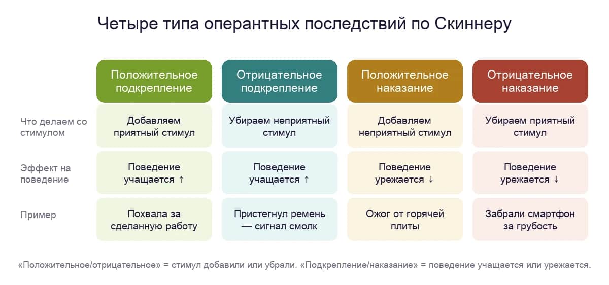 Четыре типа оперантных последствий по Скиннеру: положительное и отрицательное подкрепление, положительное и отрицательное наказание
