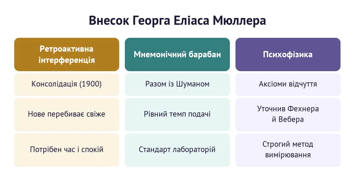 Внесок Георга Еліаса Мюллера: ретроактивна інтерференція і консолідація, мнемонічний барабан, психофізика