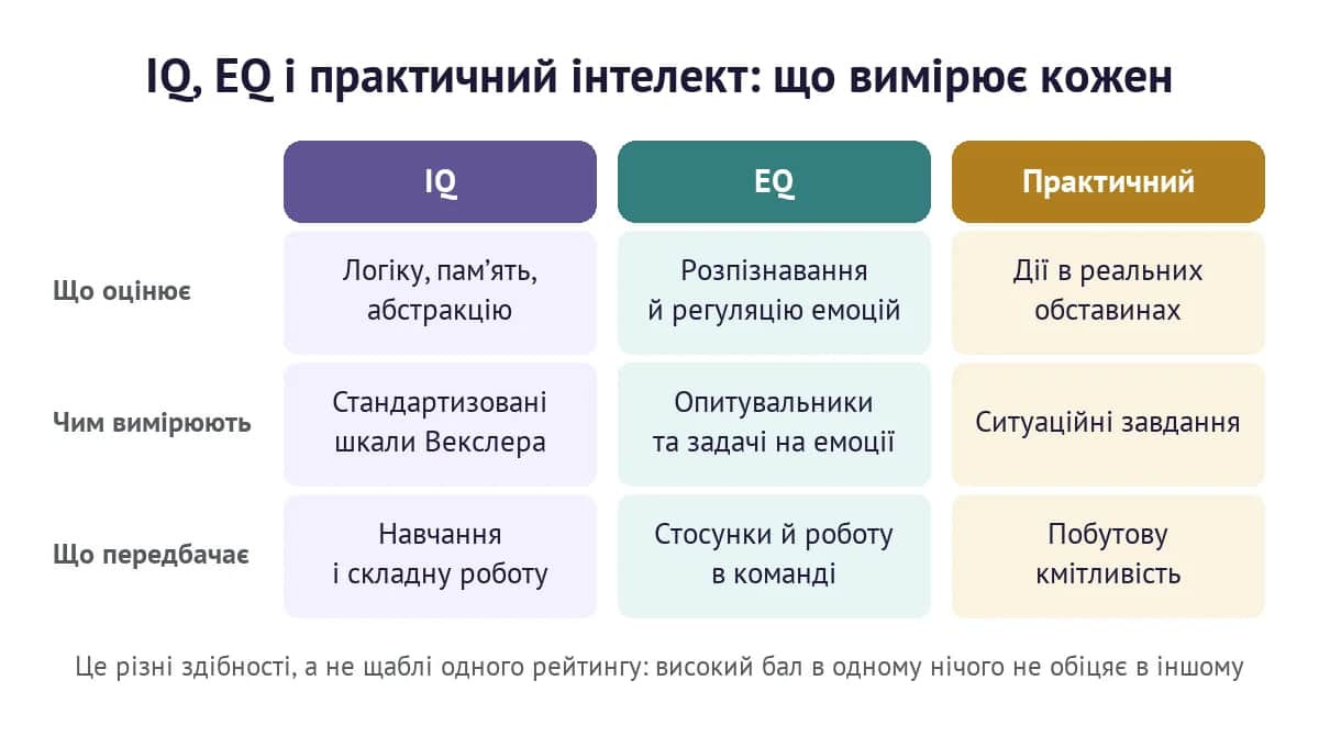 Порівняння IQ, EQ і практичного інтелекту: що оцінює, чим вимірюють і що передбачає кожен