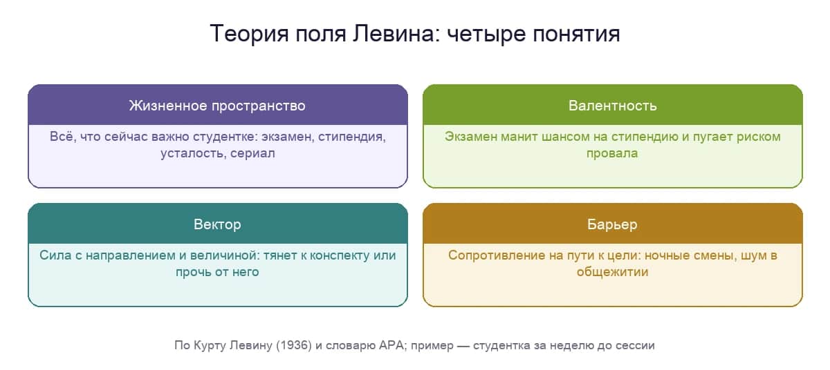 Четыре понятия теории поля Левина — жизненное пространство, валентность, вектор и барьер — на примере студентки перед сессией