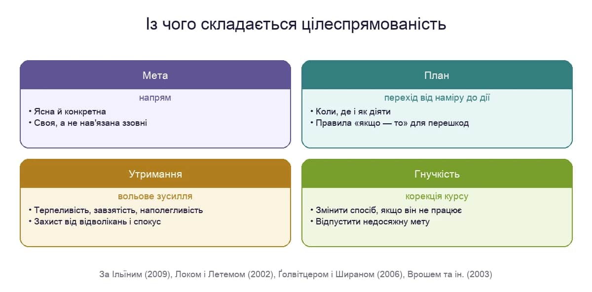 Складові цілеспрямованості: мета, план, утримання і гнучкість