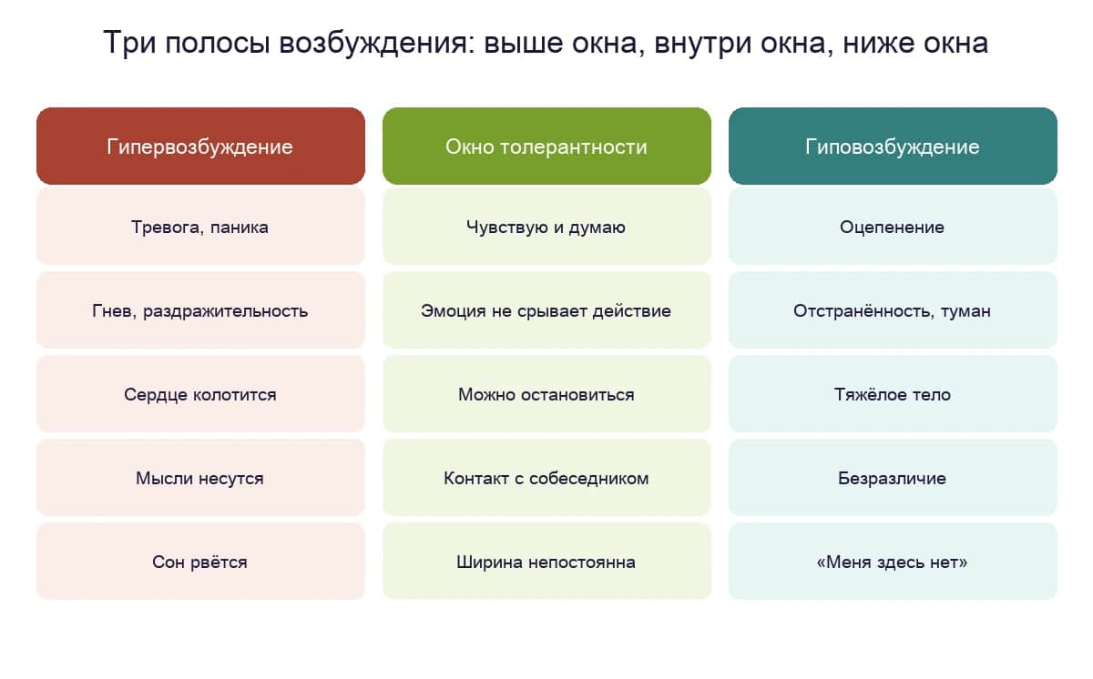 Три полосы возбуждения: гипервозбуждение, окно толерантности, гиповозбуждение