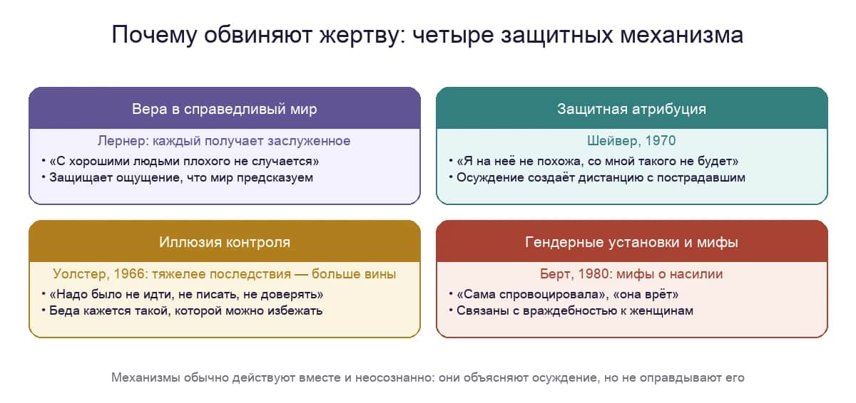 Четыре механизма виктимблейминга: вера в справедливый мир, защитная атрибуция, иллюзия контроля, гендерные установки