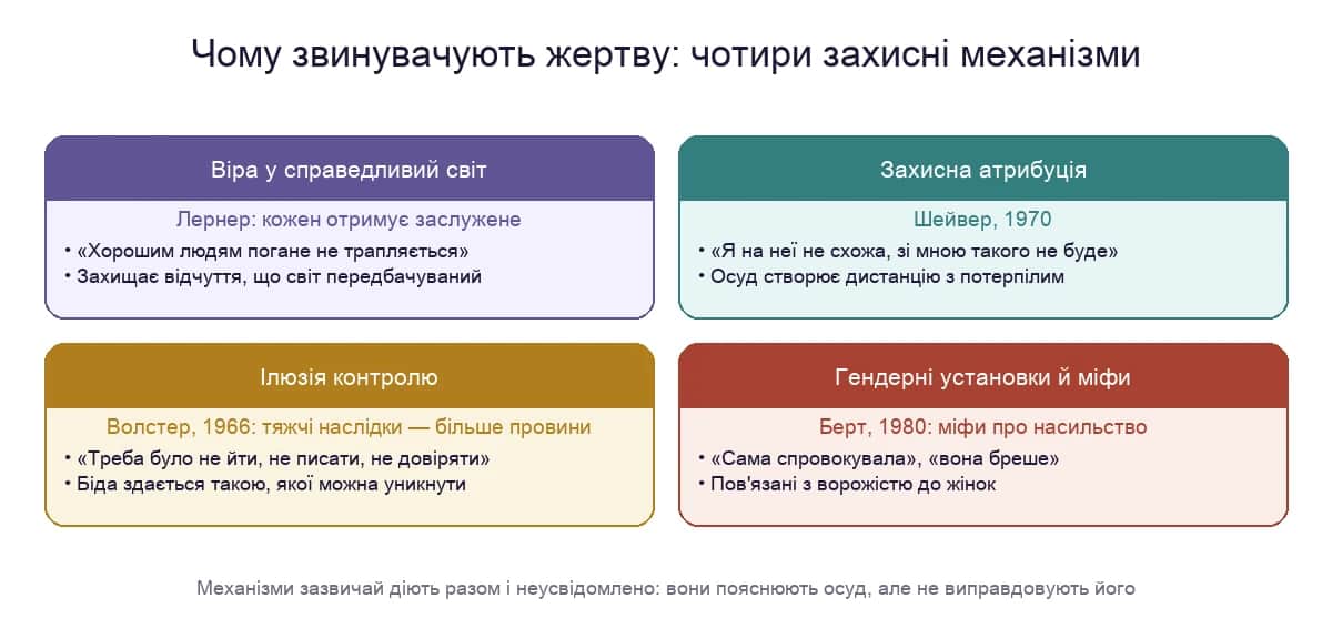 Чотири механізми віктимблеймінгу: віра у справедливий світ, захисна атрибуція, ілюзія контролю, гендерні установки