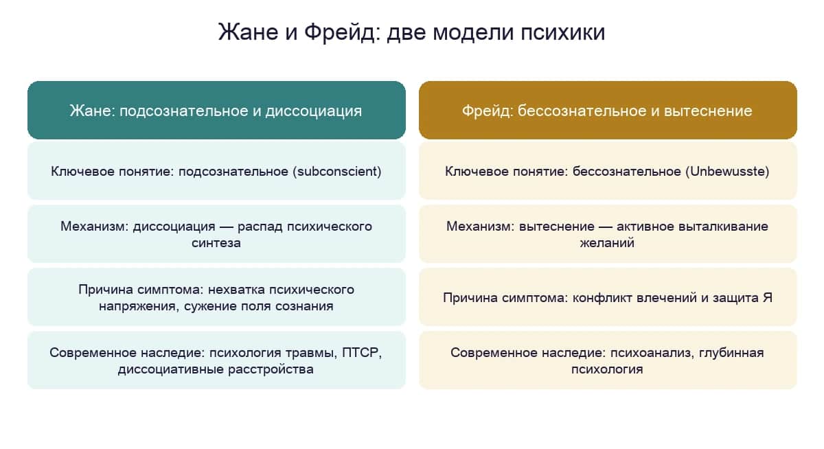 Сравнение моделей психики Жане и Фрейда: подсознательное и диссоциация против бессознательного и вытеснения