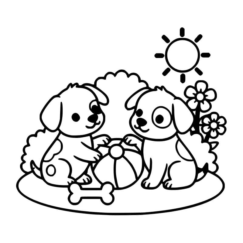 Раскраска два щенка играют с мячом для детей 5–6 лет